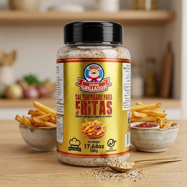 Frasco de Sal para Fritas Señor Grillador ao lado de porção de batatas fritas crocantes