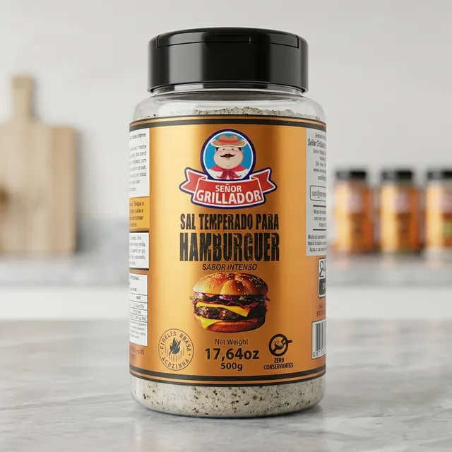 Frasco de Sal para Hambúrguer Señor Grillador com hambúrguer artesanal ao fundo