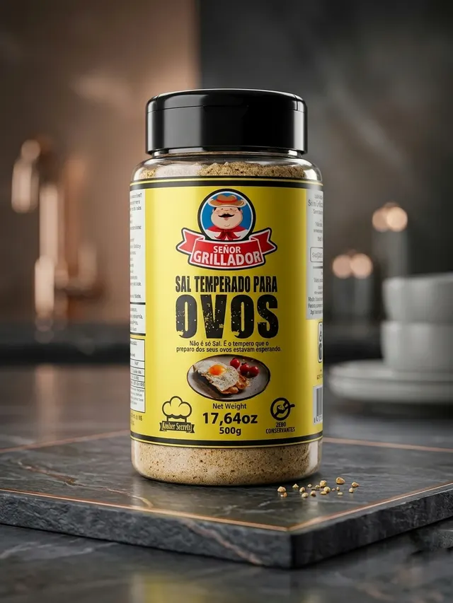 Frasco de Sal Temperado para Ovos Señor Grillador em bancada de cozinha escura