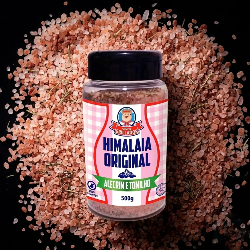 Frasco de Sal Rosa do Himalaia Alecrim e Tomilho Señor Grillador sobre cristais de sal rosa