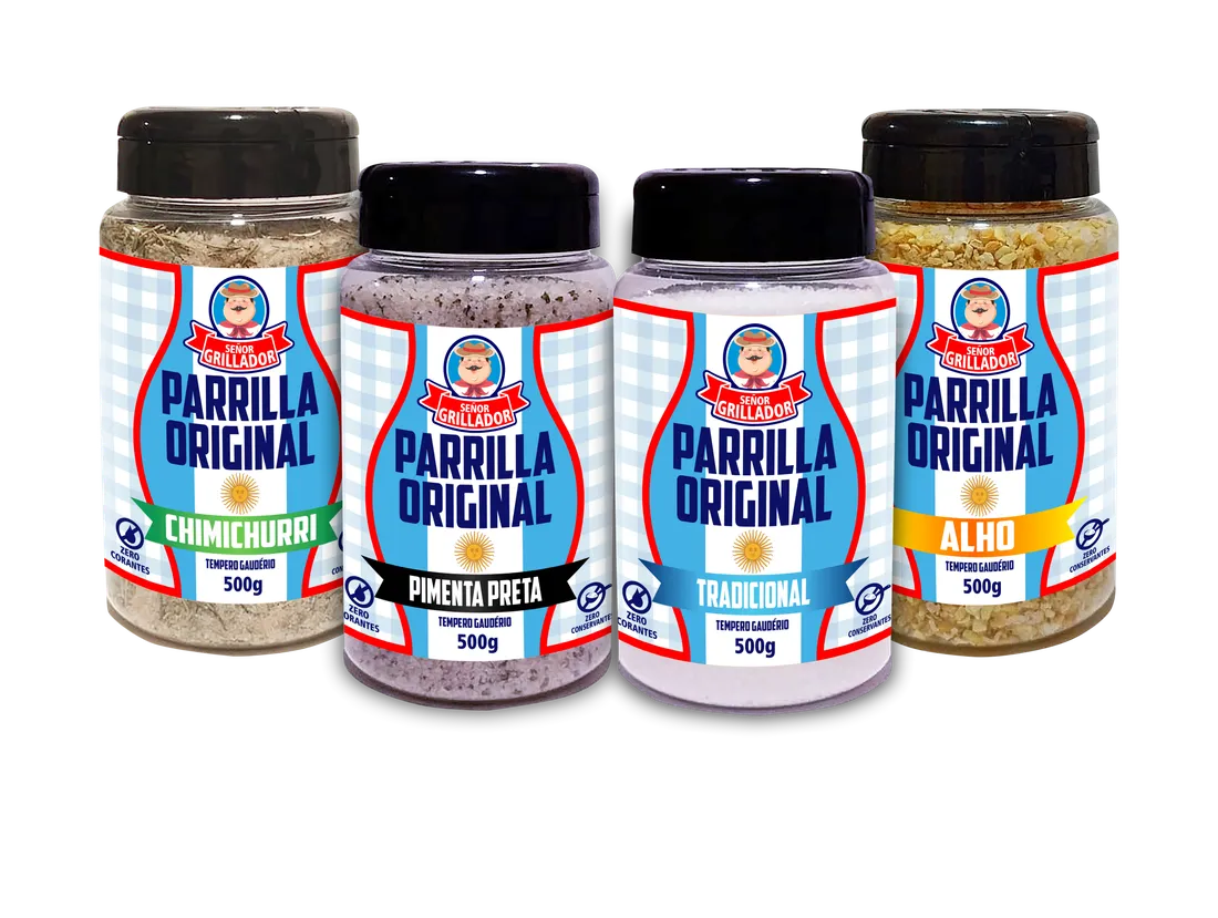 Kit com quatro frascos de sais de parrilla Señor Grillador: Chimichurri, Pimenta Preta, Tradicional e Alho