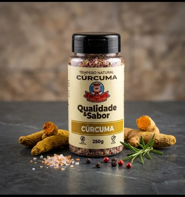 Frasco de Cúrcuma Señor Grillador com raízes de cúrcuma frescas ao lado
